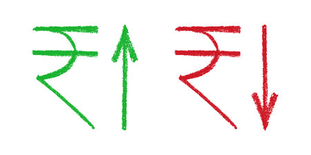 Hand drawn rupee currency symbol Growth and fall profit with arrow up and down Brush stroke doodle Element for designのイラスト素材