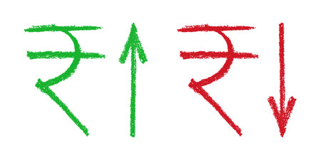 Hand drawn rupee currency symbol Growth and fall profit with arrow up and down Brush stroke doodle Element for designのイラスト素材