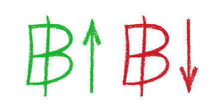 Hand drawn thai baht currency symbol Growth and fall profit with arrow up and down Brush stroke doodle Element for designのイラスト素材