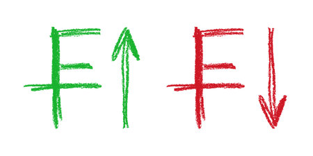 Hand drawn Swiss franc currency symbol Growth and fall profit with arrow up and down Brush stroke doodle Element for designのイラスト素材