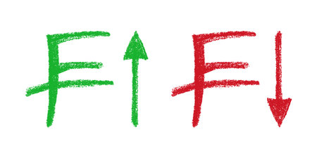 Hand drawn Swiss franc currency symbol Growth and fall profit with arrow up and down Brush stroke doodle Element for designのイラスト素材