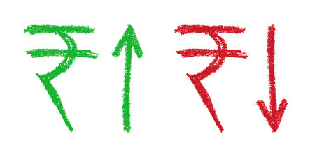 Hand drawn rupee currency symbol Growth and fall profit with arrow up and down Brush stroke doodle Element for designのイラスト素材
