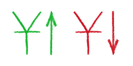Hand drawn Chinese yuan currency symbol Growth and fall profit with arrow up and down Brush stroke doodle Element for designのイラスト素材