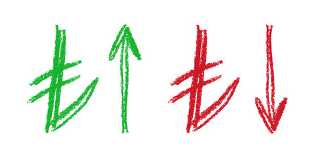 Hand drawn Turkish lira currency symbol Growth and fall profit with arrow up and down Brush stroke doodle Element for designのイラスト素材