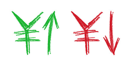 Hand drawn yen currency symbol Growth and fall profit with arrow up and down Brush stroke doodle Element for designのイラスト素材