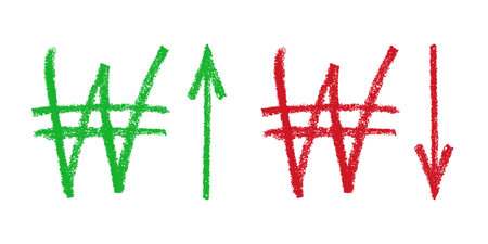 Hand drawn won currency symbol Growth and fall profit with arrow up and down Brush stroke doodle...