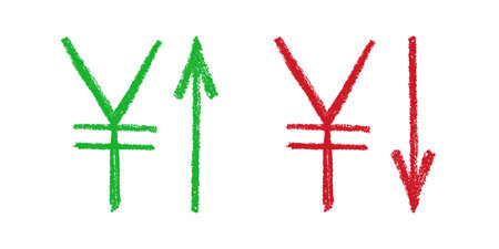 Hand drawn yen currency symbol Growth and fall profit with arrow up and down Brush stroke doodle Element for designのイラスト素材