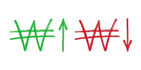 Hand drawn won currency symbol Growth and fall profit with arrow up and down Brush stroke doodle Element for designのイラスト素材