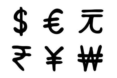 Hand drawn multiple currencies symbol set Dollar euro yuan yen won rupeeのイラスト素材