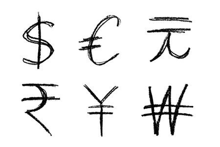 Hand drawn multiple currencies symbol set Dollar euro yuan yen won rupeeのイラスト素材