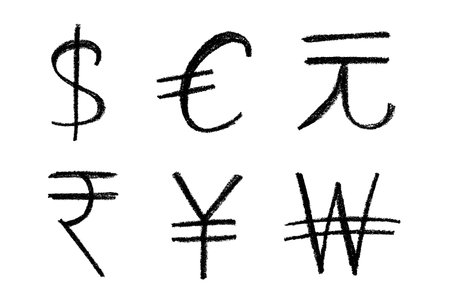 Hand drawn multiple currencies symbol set Dollar euro yuan yen won rupeeのイラスト素材