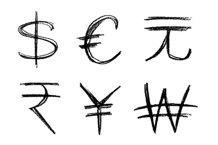 Hand drawn multiple currencies symbol set Dollar euro yuan yen won rupeeのイラスト素材
