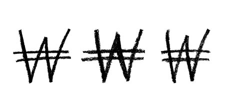 Set of hand drawn won currency symbol. Brush stroke doodle. Single element for design