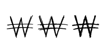 Set of hand drawn won currency symbol. Brush stroke doodle. Single element for design