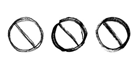 Set of hand drawn prohibition sign No entry symbol Black circle with cross line clipart in doodle style Ban Restriction Forbidden stop Single element for print, web, designのイラスト素材