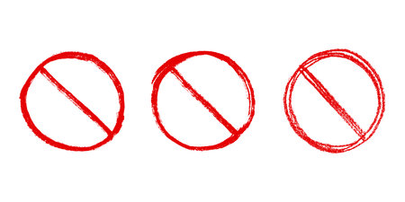 Set of hand drawn prohibition sign No entry symbol Red circle with cross line clipart in doodle style Ban Restriction Forbidden stop Single element for print, web, designのイラスト素材