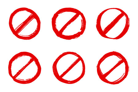 Set of hand drawn prohibition sign No entry symbol Red circle with cross line clipart in doodle style Ban Restriction Forbidden stop Single element for print, web, designのイラスト素材