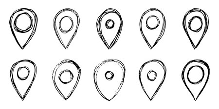Set of hand drawn map pin Map marker pointer sign GPS and mapping tools Location pin symbol Pinpoint clipart in doodle style Single element for web, designのイラスト素材