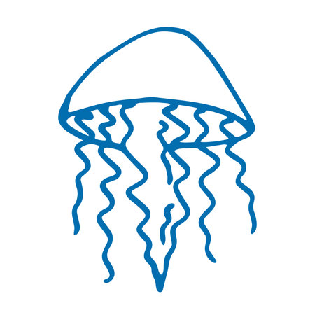 Hand drawn blue jellyfish doodle Sea animal illustration Cute marine underwater creature Medusa...