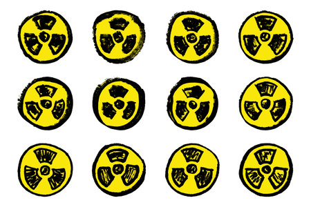 Set of hand drawn radiation sign Nuclear radiation hazard symbol Radioactive danger warning doodle...