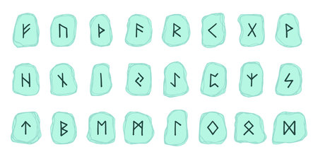 Set of hand drawn viking runes Rune stones with ancient norse alphabet characters engraved on them...