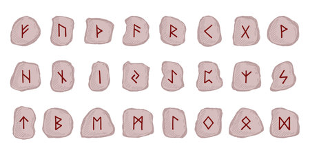 Set of hand drawn viking runes Rune stones with ancient norse alphabet characters engraved on them...