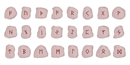 Set of hand drawn viking runes Rune stones with ancient norse alphabet characters engraved on them...