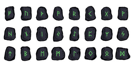 Set of hand drawn viking runes Rune stones with ancient norse alphabet characters engraved on them...