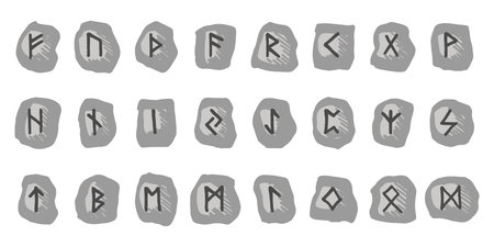 Set of hand drawn viking runes Rune stones with ancient norse alphabet characters engraved on them...