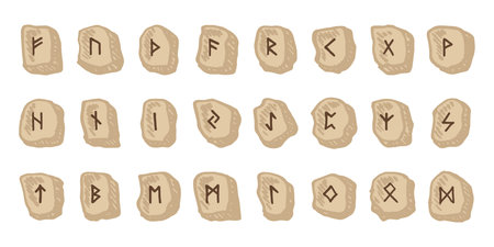 Set of hand drawn viking runes Rune stones with ancient norse alphabet characters engraved on them...