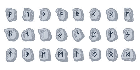 Set of hand drawn viking runes Rune stones with ancient norse alphabet characters engraved on them...