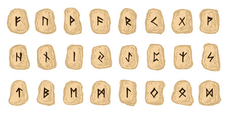 Set of hand drawn viking runes Rune stones with ancient norse alphabet characters engraved on them...
