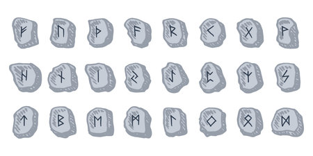 Set of hand drawn viking runes Rune stones with ancient norse alphabet characters engraved on them...