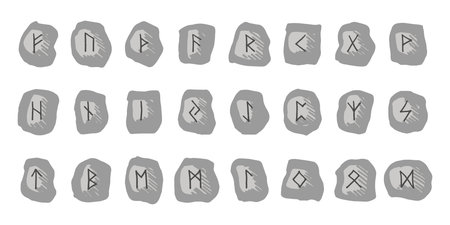 Set of hand drawn viking runes Rune stones with ancient norse alphabet characters engraved on them...