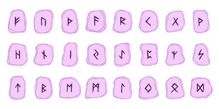 Set of hand drawn viking runes Rune stones with ancient norse alphabet characters engraved on them Scandinavian futhark germanic celtic Single element for design, print, web, decorのイラスト素材