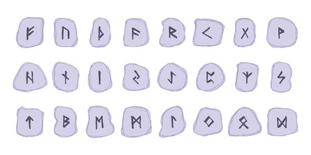 Set of hand drawn viking runes Rune stones with ancient norse alphabet characters engraved on them Scandinavian futhark germanic celtic Single element for design, print, web, decorのイラスト素材