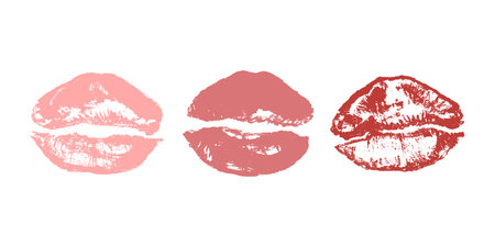 Set of lipstick kiss print Different shapes and colors imprint of lips Red pink female sexy lips makeup Design elements for beauty fashion poster Valentines Day weddingのイラスト素材