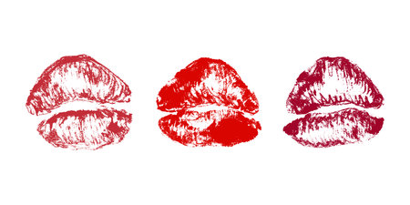 Set of lipstick kiss print Different shapes and colors imprint of lips Red pink female sexy lips...