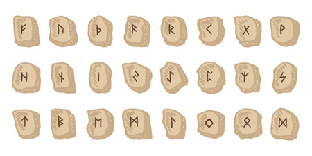 Set of hand drawn viking runes Rune stones with ancient norse alphabet characters engraved on them Scandinavian futhark germanic celtic Single element for design, print, web, decorのイラスト素材