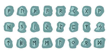 Set of hand drawn viking runes Rune stones with ancient norse alphabet characters engraved on them...