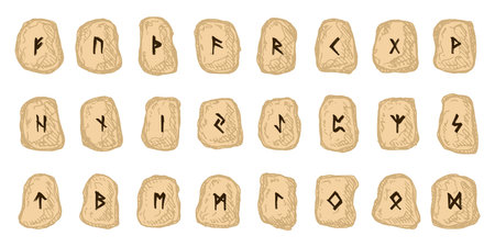 Set of hand drawn viking runes Rune stones with ancient norse alphabet characters engraved on them...
