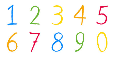 Hand drawn colorful numbers 1 2 3 4 5 6 7 8 9 0 Stylish brush painted numbers with crayon texture Count, math, kids educationのイラスト素材