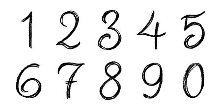Hand drawn black numbers 1 2 3 4 5 6 7 8 9 0 Stylish brush painted numbers with pencil texture Count, math, kids educationのイラスト素材