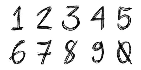 Hand drawn black numbers 1 2 3 4 5 6 7 8 9 0 Stylish brush painted numbers with pencil texture Count, math, kids educationのイラスト素材