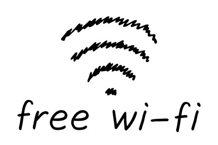 Hand drawn free wifi spot zone sign Public wi-fi area sign Wireless internet clipart in doodle style Single element for print, web, design, decor 3G, 4G, 5G, 6G, IoTのイラスト素材