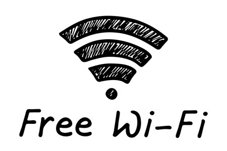 Hand drawn free wifi spot zone sign Public wi-fi area sign Wireless internet clipart in doodle style Single element for print, web, design, decor 3G, 4G, 5G, 6G, IoTのイラスト素材
