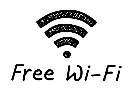 Hand drawn free wifi spot zone sign Public wi-fi area sign Wireless internet clipart in doodle style Single element for print, web, design, decor 3G, 4G, 5G, 6G, IoTのイラスト素材