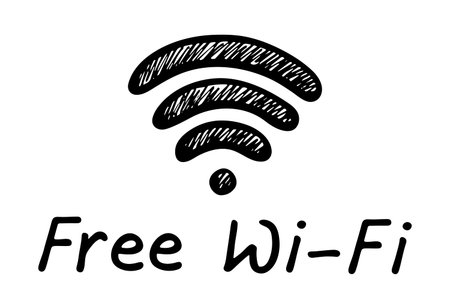 Hand drawn free wifi spot zone sign Public wi-fi area sign Wireless internet clipart in doodle style Single element for print, web, design, decor 3G, 4G, 5G, 6G, IoTのイラスト素材