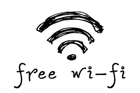 Hand drawn free wifi spot zone sign Public wi-fi area sign Wireless internet clipart in doodle style Single element for print, web, design, decor 3G, 4G, 5G, 6G, IoTのイラスト素材