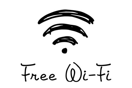 Hand drawn free wifi spot zone sign Public wi-fi area sign Wireless internet clipart in doodle style Single element for print, web, design, decor 3G, 4G, 5G, 6G, IoTのイラスト素材